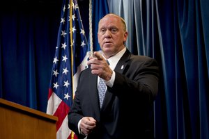 In this Dec. 5, 2017 file photo, then Acting Director for U.S. Immigration and Customs Enforcement Thomas Homan takes a question from a reporter at a Department of Homeland Security news conference in Washington.