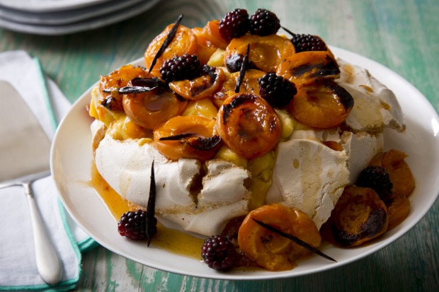 Karen Martini's pavlova is dressed up with roasted apricots, vanilla, blackberries and tangy lemon curd <a ...