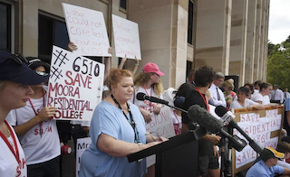 Education Minister Sue Ellery addresses the Moora college protest.