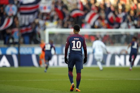 PSG's Neymar wears a jersey to celebrate the Chinese Lunar New Year during the French League One