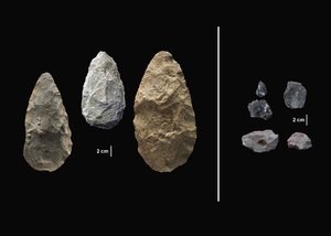 This image provided by the Smithsonian's Human Origins Program shows artifacts found in southern Kenya's Olorgesailie Basin