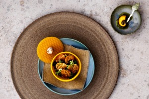 Salad with sea snail from the Faroe Islands with last year's roses, and a side of sea snail roe with kelp butter.