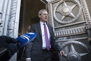 British ambassador to Russia, Laurie Bristow, leaves after a meeting at the Russian foreign ministry building in Moscow, Russia, Saturday, March 17, 2018.