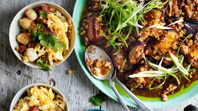 Neil Perry's stir-fried pork and eggplant with special fried rice.