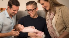 Andy Brough, Simon Curtis and Carla Pincombe, who volunteered to be a surrogate for the gay couple.