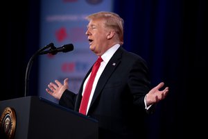 President of the United States Donald Trump speaking at the 2018 Conservative Political Action Conference (CPAC) in National Harbor, Maryland, US, 23 February 2018.