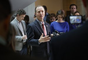 Rep. Adam Schiff, D-Calif., the ranking member of the House Intelligence Committee, speaks to reporters about the actions of Chairman Devin Nunes, R-Calif., as the panel continues to investigate Russian interference in the 2016 U.S. presidential election and the web of contacts between President Donald Trump's campaign and Russia, on Capitol Hill in Washington, Thursday, March 30, 2017.