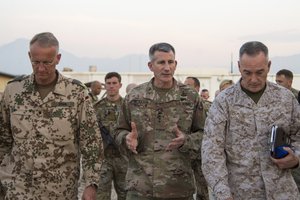 Army Gen. John W. Nicholson Jr., commander of Resolute Support Mission and U.S. Forces Afghanistan, addresses Marine Corps Gen. Joe Dunford, chairman of the Joint Chiefs of Staff, and German Brig. Gen. Wolf-Jürgen Stahl, Train Advise Assist Command - North commander, during a visit to Mazar-e-Sharif, Afghanistan, March 20, 2018.