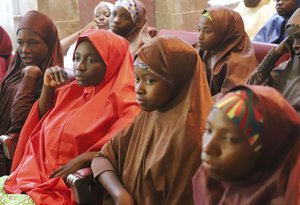 Recently freed School girls from the Government Girls Science and Technical College Dapchi, during a meeting with Nigeria President, Muhammadu Buhari, at the Presidential palace in Abuja, Nigeria, Friday March 23, 2018.