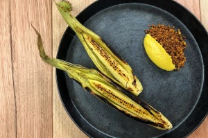 Grilled baby corn with fermented beancurd and typhoon shelter crumb at Sunda.