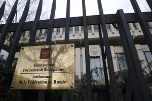 The Russian embassy is pictured in Paris, Monday, March 26, 2018. France's foreign ministry says French authorities have decided to expel four Russian diplomats by next week, in show of solidarity with Britain following the poisoning of a former spy.