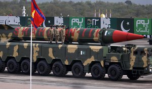 In this Wednesday, March 23, 2016 file photo, A Pakistani-made Shaheen-III missile on display during a military parade in Islamabad, Pakistan.