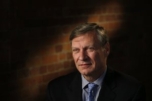 U.S. businessman Ted Malloch, Donald Trump's potential choice as envoy to the EU, speaks to The Associated Press during an interview in London, Thursday, Feb. 9, 2017.