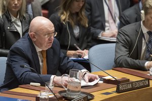 Vassily Nebenzia, Permanent Representative of the Russian Federation to the UN, addresses the Security Council meeting considering the letter dated 13 March 2018 from the Permanent Mission of the United Kingdom of Great Britain and Northern Ireland to the United Nations, 5 April, 2018.