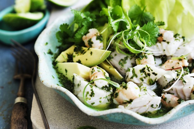 Ceviche seafood salad with avocado, coriander and chilli. <a ...