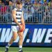 Tom Hawkins lines up for goal in front of the Optus Stadium fencing.