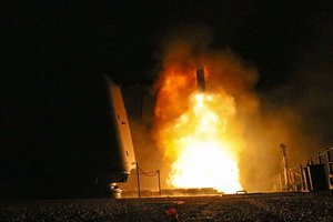 The guided missile cruiser USS Monterey fires a Tomahawk missile in the U.S. 5th Fleet area of operations, April 14, 2018