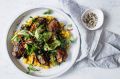 Teriyaki-glazed eggplant with creamed corn and cucumber and wakame salad.