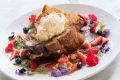 French toast sandwiched with strawberry cheesecake served with toasted coconut ice-cream.