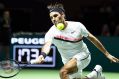 epa06525500 Roger Federer of Switzerland in action against Ruben Bemelmans of Belgium during their first round match of ...