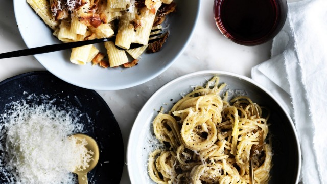 Neil Perry's pasta alla gricia (left) and cacio e pepe recipes.