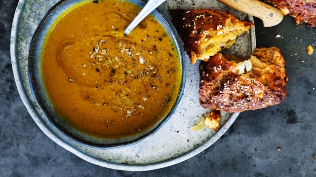 Garlicky sweet potato and chickpea soup served with spiced red onion and feta scones.