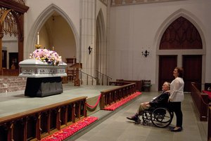 Former President George H. W. Bush looks at the casket with his daughter Dorothy "Doro" Bush Koch as they wait for the mourners during the visitation of the visitation of former first lady Barbara Bush at St. Martin's Episcopal Church Friday, April 20, 2018, in Houston.