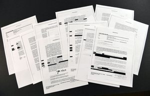 Copies of the memos of former FBI Director James Comey are pictured in Washington, Thursday, April 19, 2018.