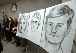 Law enforcement drawings of a suspected serial killer believed to have committed at least 12 murders across California in the 1970's and 1980's are seen at a news conference about the investigation, Wednesday, June 15, 2016, in Sacramento, Calif.