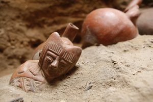 Peruvian archaeological pieces sit at the Jotoro archaeological complex in Lambayeque, Peru, Friday, May 21, 2010.