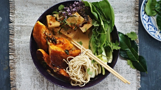 Kaffir lime pumpkin, fried tofu and coconut laksa.