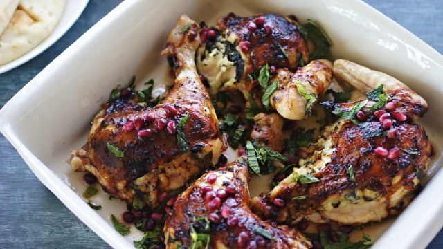 Haloumi, mint and pomegranate roast chicken. 