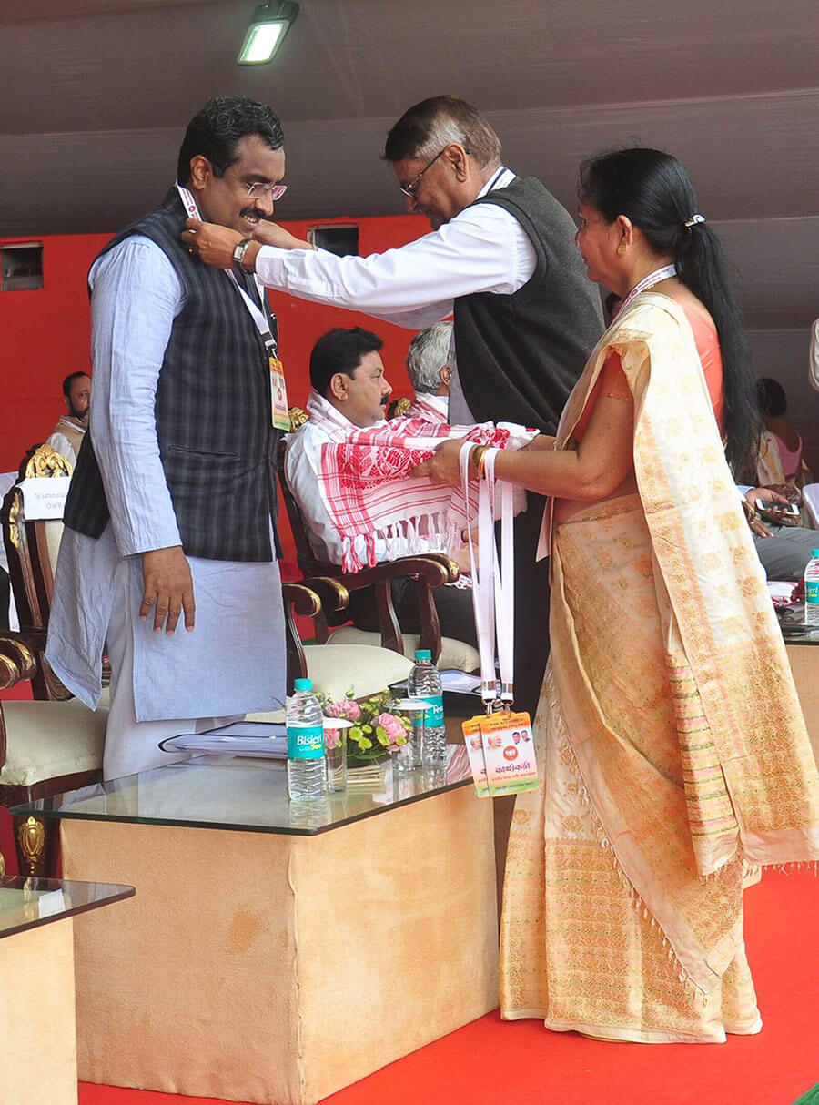 Shri Ram Madhav addressed the ' Booth Presidents' Sammelan' in presence of the National President of Bharatiya Janata Party, Shri Amit Shah in Guwahati, Assam.