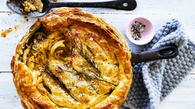 Golden-topped pot pie chockers with creamy chicken filling, sweet leeks and mushrooms.