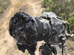 NASA Photographer Bill Ingalls's camera after it was caught in brushfire caused by the launch of the NASA/German GRACE-FO from Vandenberg Air Force Base on May 22, 2018.