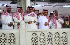 Relatives from the Saudi royal family pray during the funeral of the Saudi late Crown Prince Nayef bin Abdul-Aziz Al Saud inside the Grand Mosque, in the Saudi holy city of Mecca, Saudi Arabia, Sunday, June 17, 2012.