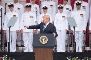 File - President Donald J. Trump delivers the Memorial Day address during the 150th annual Defense Department National Memorial Day observance hosted by Defense Secretary James N. Mattis at Arlington National Cemetery, Arlington, Va., May 28, 2018.