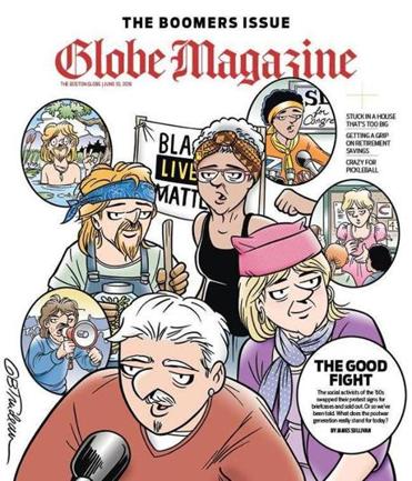 Doonesbury characters Zonker Harris, Ginny Slade, Joanie Caucus, and Mark Slackmeyer, then and now. © 2018 G. B. Trudeau, distributed by Universal Uclick