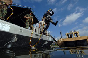 Navy Diver 3rd Class Kevin Vagaski, attached to Mobile Diving and Salvage Unit (MDSU) 2, leaps into the cold and murky waters of the Providence River during a dive on the sunken former Soviet submarine Juliett 484.