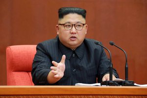 This Saturday, Oct. 7, 2017 photo distributed by the North Korean government shows North Korean leader Kim Jong Un speaking during a meeting of the central committee of the Workers' Party of Korea in Pyongyang.