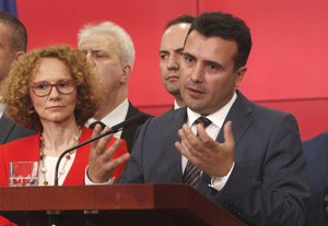 Macedonian Prime Minister Zoran Zeav talks to the media on a news conference in the Government building in Skopje, Macedonia, Tuesday, June 12, 2018.