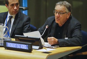 File - Actor Robert De Niro, right, address a high-level meeting on Hurricane Irma at the United Nations headquarters, Monday, Sept. 18, 2017.