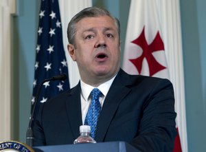 Georgian Prime Minister Giorgi Kvirikashvili speaks during a news conference before a bilateral meeting with Secretary of State Mike Pompeo at State Department Monday, May 21, 2018, in Washington.