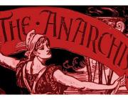 A red banner that says "the anarchists" with a woman in a dress holding it