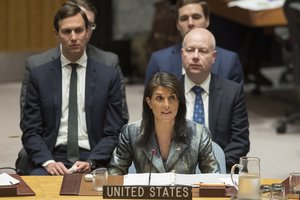 American Ambassador to the United Nations Nikki Haley speaks during a Security Council meeting on the situation in Palestine, Tuesday, Feb. 20, 2018 at United Nations headquarters.