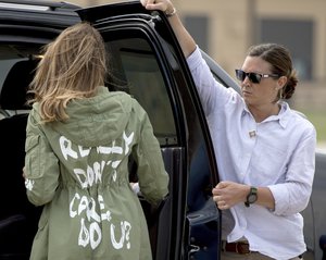 First lady Melania Trump walks to her vehicle as she arrives at Andrews Air Force Base, Md., Thursday, June 21, 2018, after visiting the Upbring New Hope Children Center run by the Lutheran Social Services of the South in McAllen, Texas.