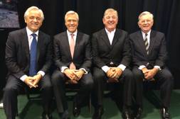 Premier Dwight Ball (second right) announced the construction start for the Voisey's Bay underground mine Monday. 
With him are former premiers Brian Tobin (left), Roger Grimes and Clyde Wells (right).