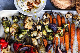 Adam Liaw's roast veg with flatbreads and whipped feta