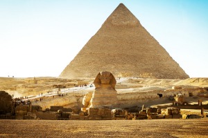 The Sphinx with The Great Pyramids of Giza.