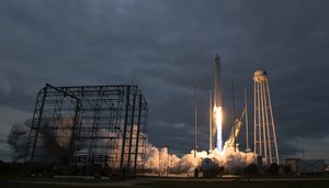 Launch of Asgardia-1 on 12 November 2017. The Orbital ATK Antares rocket, with the Cygnus spacecraft onboard, launches from Pad-0A, at NASA's Wallops Flight Facility in Virginia.